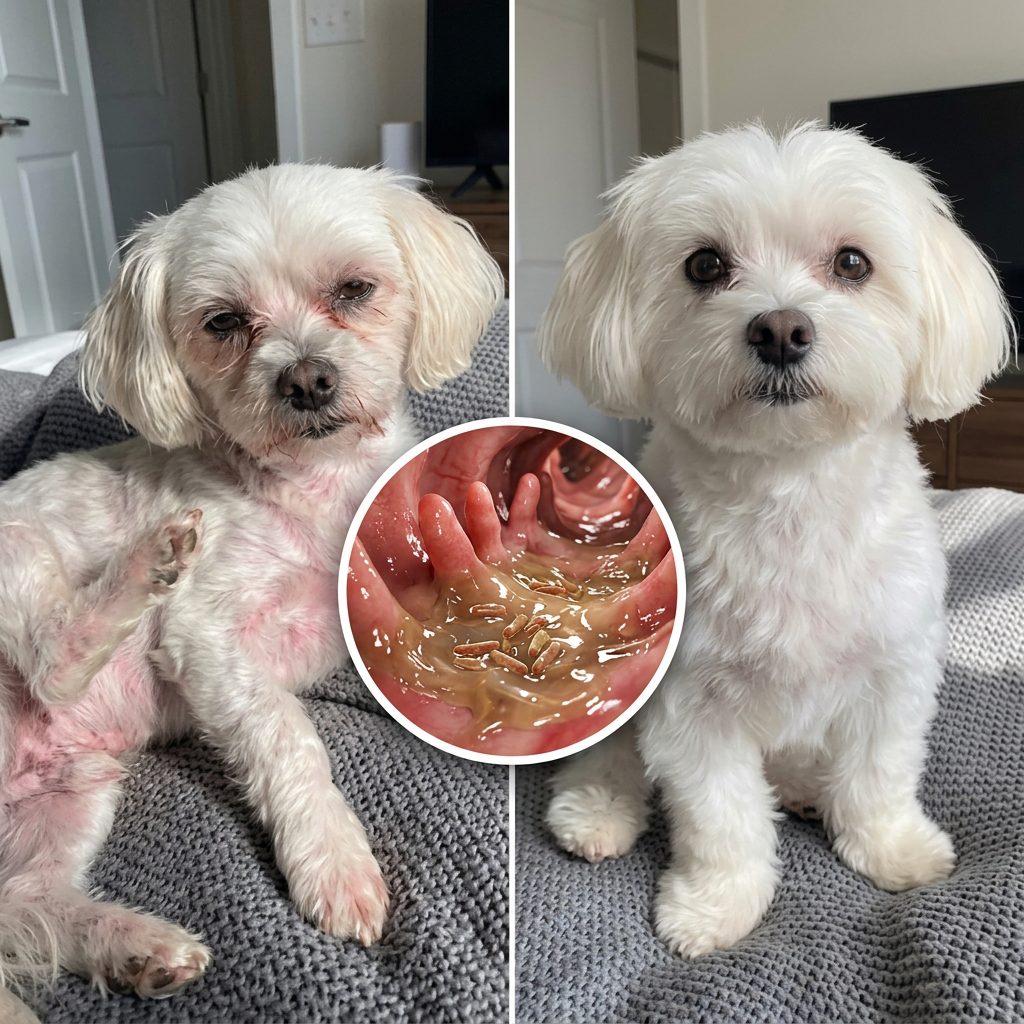 Before and after: an itchy dog with red irritated skin, and the same dog calm and healthy, with the gut biofilm shown in the middle