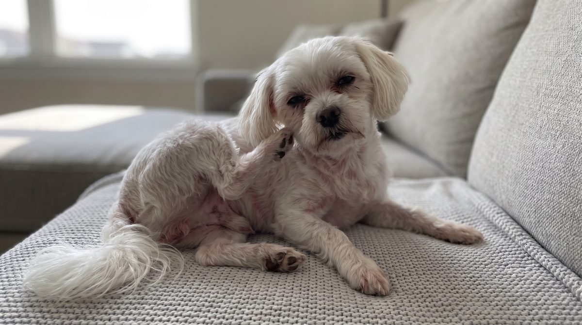 A small white dog scratching itself on a couch, with red irritated skin showing